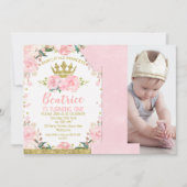 ピンク金ゴールドリトルプリンセスクラウン1st誕生日 招待状 (正面)