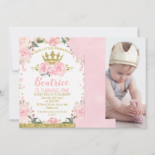 ピンク金ゴールドリトルプリンセスクラウン1st誕生日 招待状 (正面)
