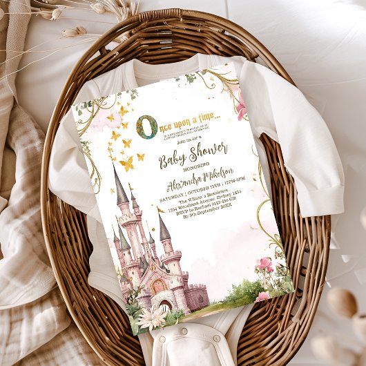 ピンク金ゴールドリトルプリンセス王室のキャッスルベイビーシャワー 招待状