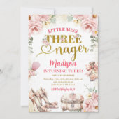 ピンク金ゴールドリトル恋しく思スレーネガー第3誕生日 招待状 (正面)