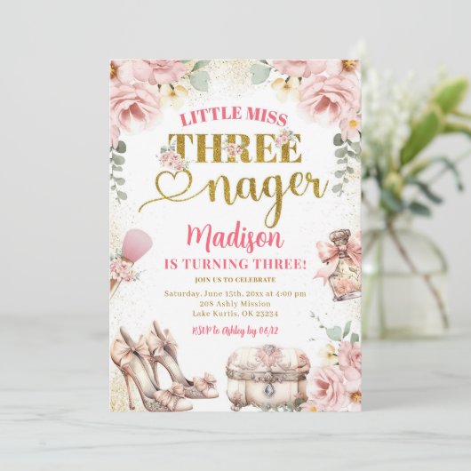 ピンク金ゴールドリトル恋しく思スレーネガー第3誕生日 招待状 (スタンド正面)