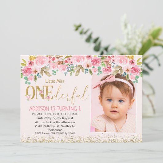 ピンク金ゴールドリト恋しく思ルワンダーフルフォト誕生日 招待状 (スタンド正面)