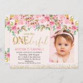 ピンク金ゴールドリト恋しく思ルワンダーフルフォト誕生日 招待状 (正面/裏面)