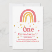 ピンク金ゴールドレインボー1歳の誕生日 招待状 (正面)