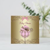 ピンク金ゴールドレース赤ちゃんガールシャワー 招待状 (スタンド正面)