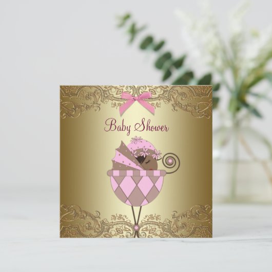 ピンク金ゴールドレース赤ちゃんガールシャワー 招待状 (スタンド正面)