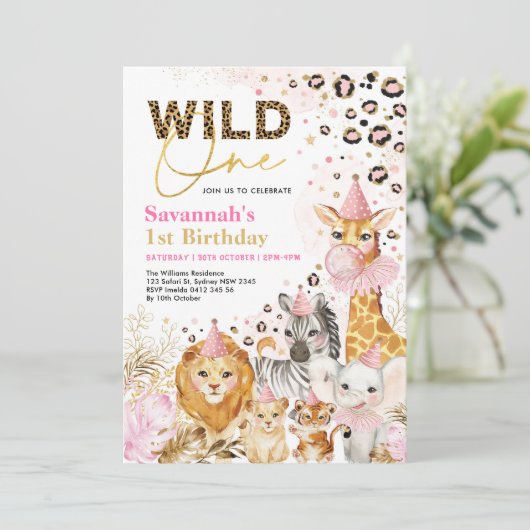ピンク金ゴールドワイルドワンサファリパーティー動物誕生日 招待状 (スタンド正面)