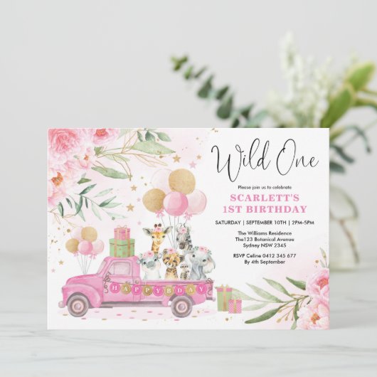 ピンク金ゴールドワイルドワンジャングルサファリガール1歳の誕生日 招待状 (スタンド正面)