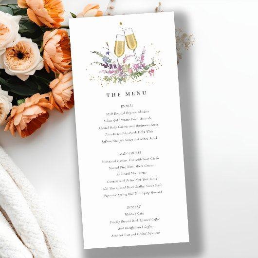 ピンク金ゴールドワイングラス結婚フローラのメニューカード サンキューカード