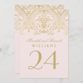 ピンク金ゴールドヴィンテージグラ結婚マーの表番号 招待状 (正面/裏面)