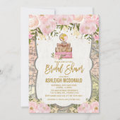 ピンク金ゴールドヴィンテージトラベルマップフローラブライダルシャワー 招待状 (正面)