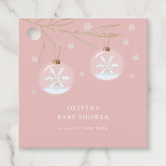ピンク金ゴールド冬のスノーフレーク赤ちゃんシャワー フェイバータグ (正面)