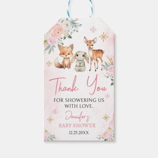 ピンク金ゴールド冬の女の子の赤ちゃん感謝していシャワーユーラベル ギフトタグ (正面)