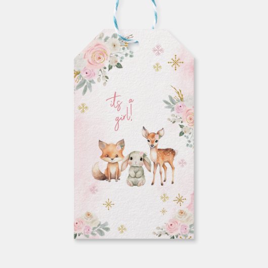 ピンク金ゴールド冬の女の子の赤ちゃん感謝していシャワーユーラベル ギフトタグ (裏面)