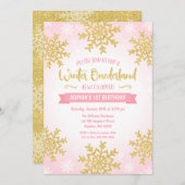 ピンク金ゴールド冬ワンダーランド1回目の誕生日 招待状 (正面/裏面)