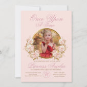 ピンク金ゴールド城プリンセス写真1st誕生日 招待状 (正面)