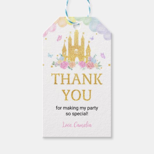ピンク金ゴールド城プリンセス誕生日サンキューユユーラベル ギフトタグ (正面)