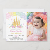 ピンク金ゴールド城プリンセス1st誕生日招待状 招待状 (正面)