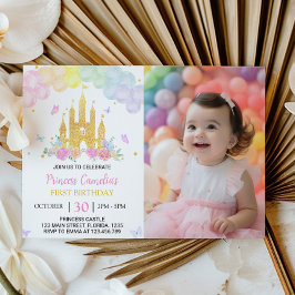 ピンク金ゴールド城プリンセス1st誕生日招待状 招待状