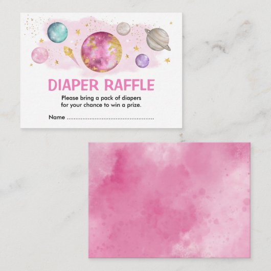 ピンク金ゴールド外空間銀河系ベビーおむつラッフル エンクロージャーカード (正面/裏面)