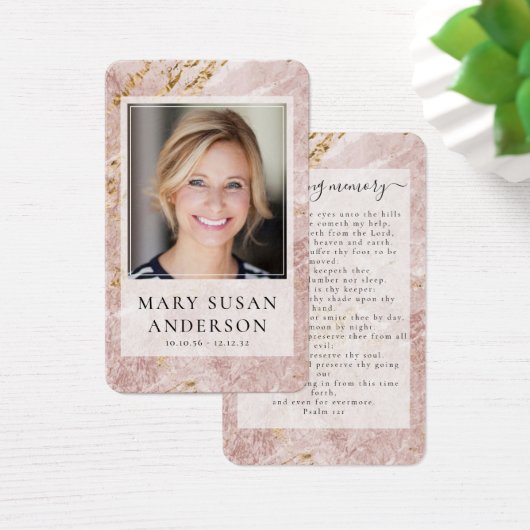 ピンク金ゴールド大理石写真記念祈りの言葉カード (デスク)