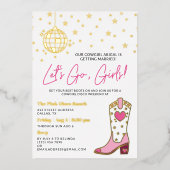 ピンク金ゴールド女性のカーボーイディスコバチェロレッテの旅程 箔招待状 (正面)