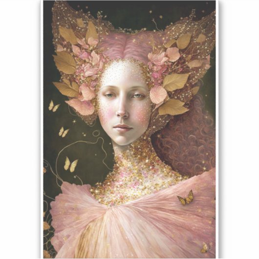 ピンク金ゴールド妖精妖精女性ファンタジーアート シール (正面)