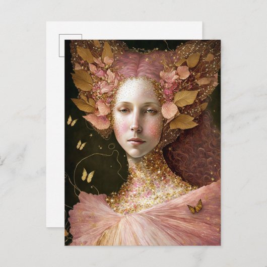 ピンク金ゴールド妖精妖精女性ファンタジーアート ポストカード (正面/裏面)
