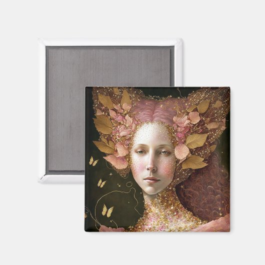 ピンク金ゴールド妖精妖精女性ファンタジーアート マグネット (正面/裏面)