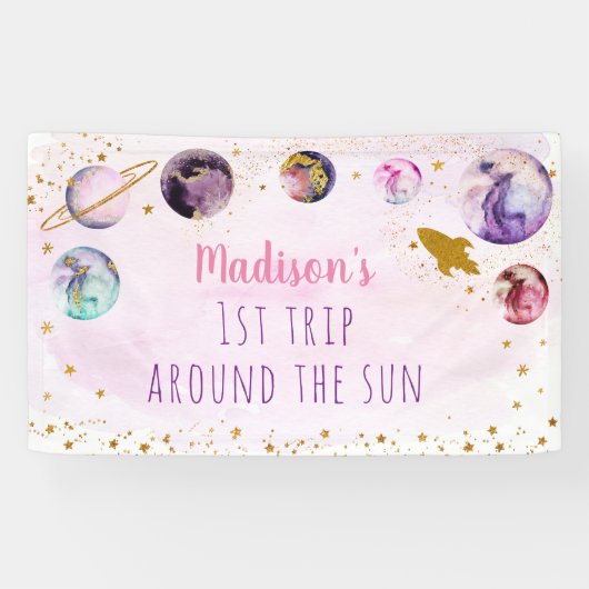ピンク金ゴールド宇宙ファーストトリッのまわりにプザサン誕生日 横断幕 (横)