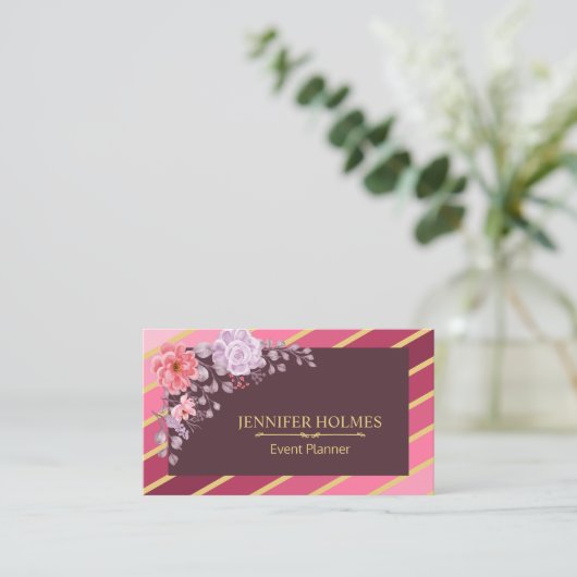 ピンク金ゴールド対角ストライプフローライベントプランナー 名刺 (スタンド正面)