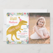 ピンク金ゴールド恐竜3レックス誕生日 招待状 (正面)