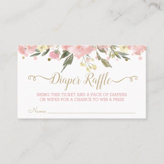 ピンク金ゴールド水彩フローラおむつラッフルチケット 名刺 (正面)