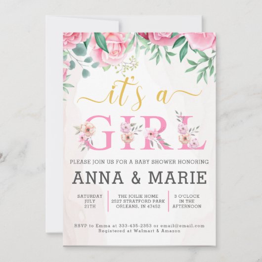 ピンク金ゴールド水彩フローラガールベビーシャワー 招待状 (正面)