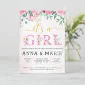ピンク金ゴールド水彩フローラガールベビーシャワー 招待状 (スタンド正面)