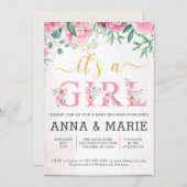 ピンク金ゴールド水彩フローラガールベビーシャワー 招待状 (正面/裏面)