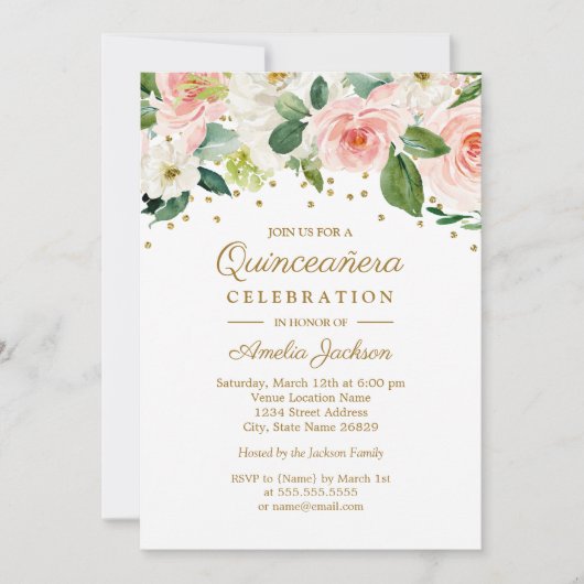 ピンク金ゴールド水彩フローラキンセアニェラ15日 招待状 (正面)