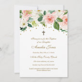ピンク金ゴールド水彩フローラバプテスマ 招待状 (正面)