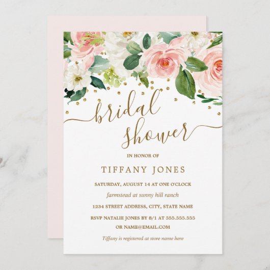 ピンク金ゴールド水彩フローラブライダルシャワー 招待状 (正面/裏面)