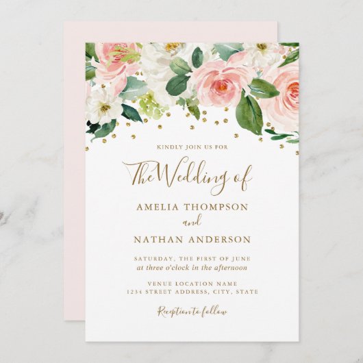 ピンク金ゴールド水彩フローラ結婚ズ 招待状 (正面/裏面)