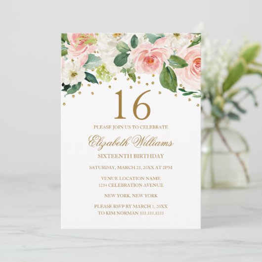 ピンク金ゴールド水彩フローラ16誕生日 招待状 (スタンド正面)