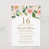 ピンク金ゴールド水彩フローラ16誕生日 招待状 (正面/裏面)