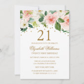 ピンク金ゴールド水彩フローラ21歳の誕生日 招待状 (正面)