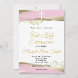 ピンク金ゴールド水彩少女1st聖餐式 招待状