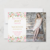 ピンク金ゴールド水彩花写真卒業 案内状 (正面)