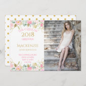 ピンク金ゴールド水彩花写真卒業 案内状 (正面/裏面)