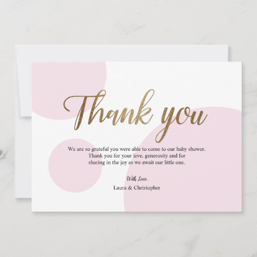 ピンク金ゴールド水玉模様ベビーシャワーありがとう 招待状 (正面)