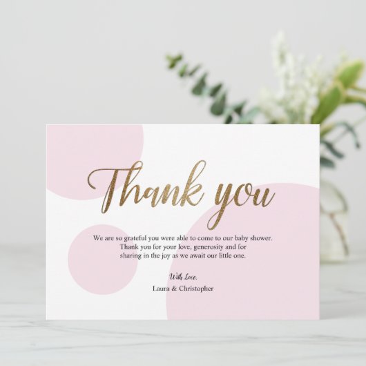 ピンク金ゴールド水玉模様ベビーシャワーありがとう 招待状 (スタンド正面)