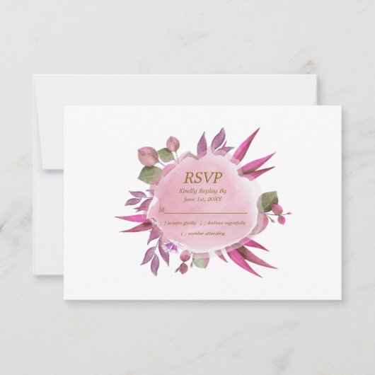 ピンク金ゴールド水色フローラエレガモダンントウェディング 出欠カード (正面)