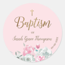 ピンク金ゴールド水色フローラベビーガールバプテスマ ラウンドシール